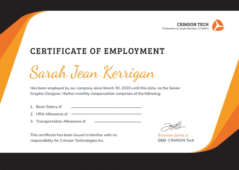 Certificate of Employment with Compensation editable template pdf doc